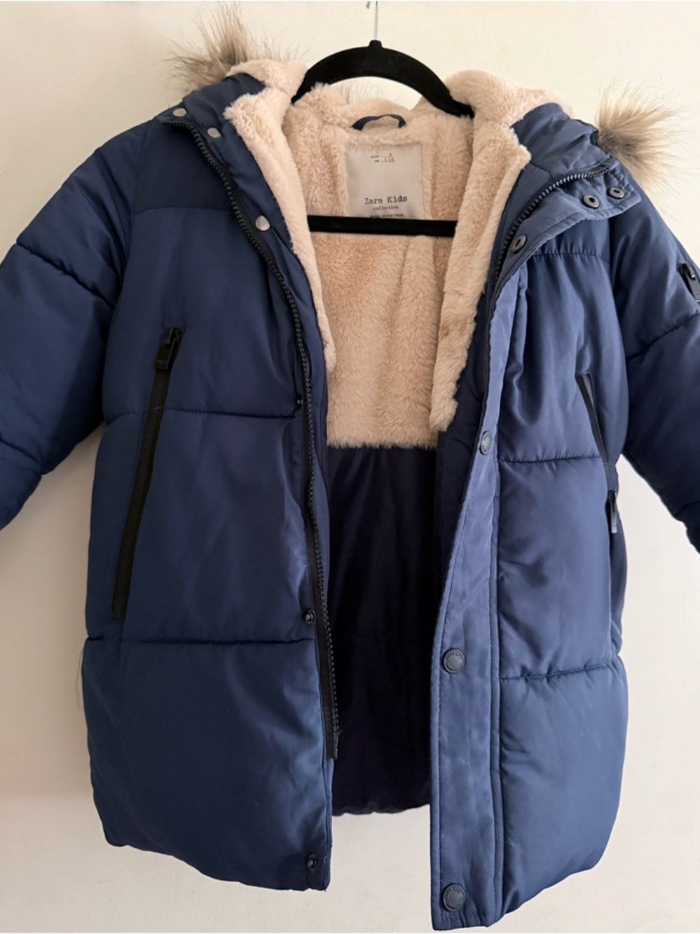 Zara Kids Navy Blue Puffer Coat with Cream Faux-Fur Lining